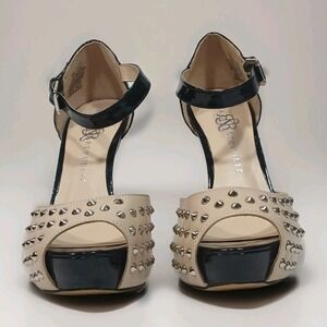 Rock & Republic Heels Platform Pumps 7.5M Black & Tan Two-Tone Studs Ankle Strap